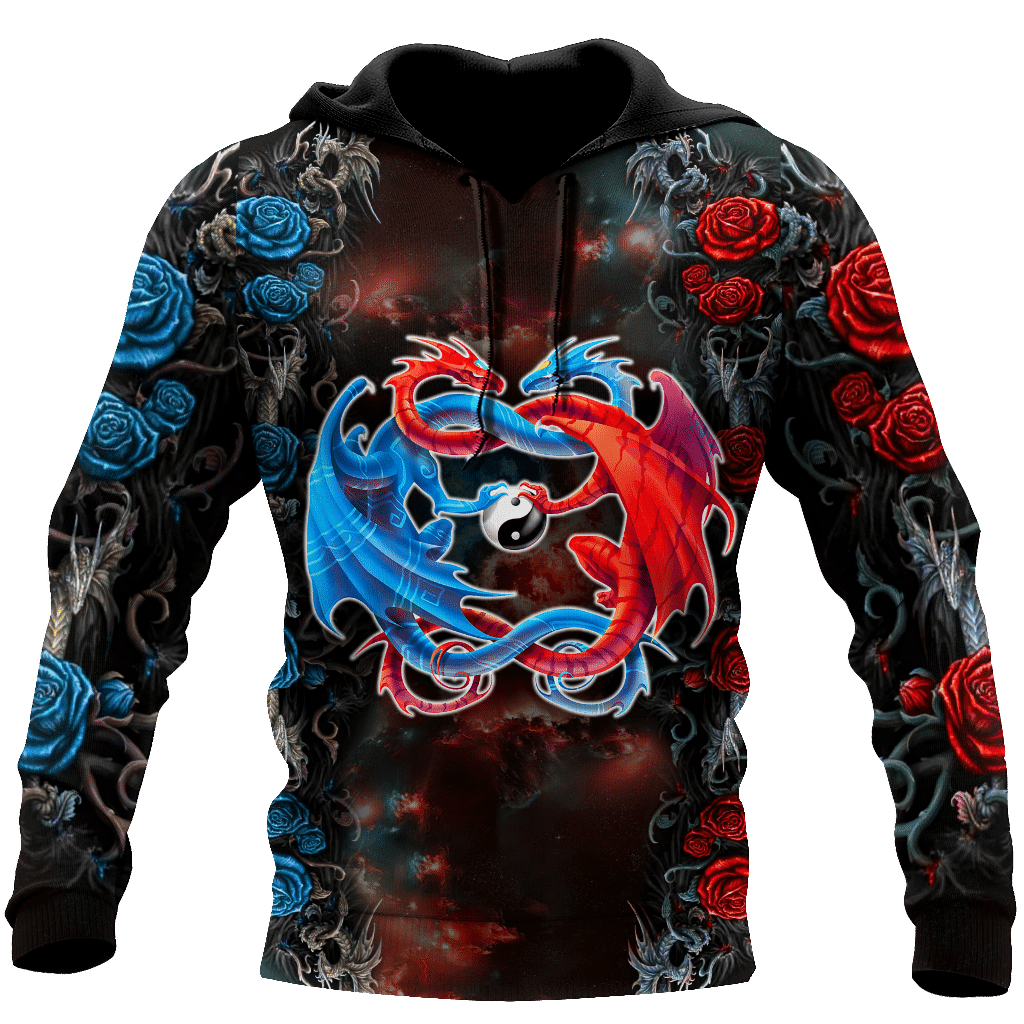 Dragon Couples Red And Blue 3D Over Printed Hoodie