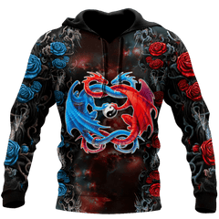 Dragon Couples Red And Blue 3D Over Printed Hoodie