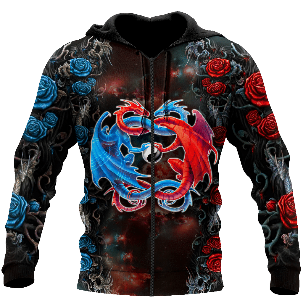 Dragon Couples Red And Blue 3D Over Printed Hoodie