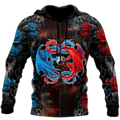 Dragon Couples Red And Blue 3D Over Printed Hoodie