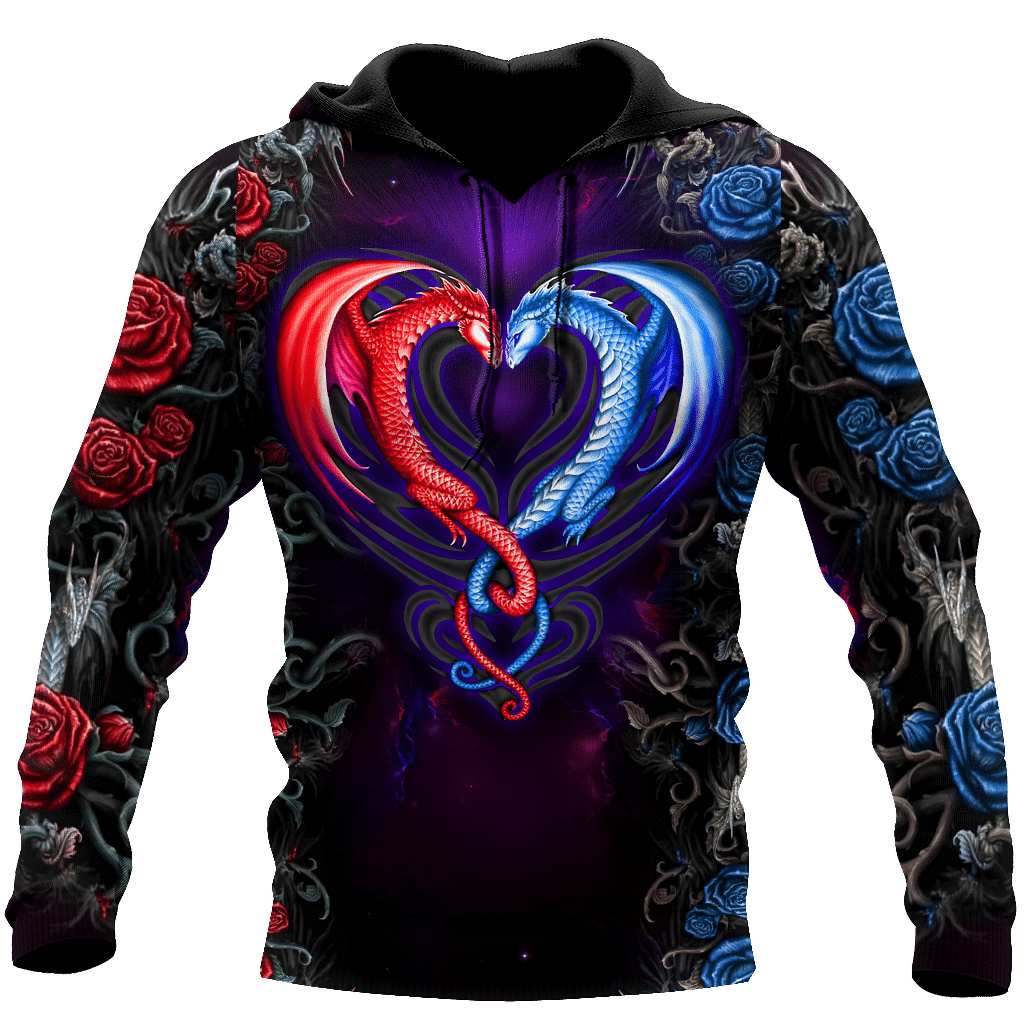 Dragon Couples Red And Blue 3D Over Printed Hoodie