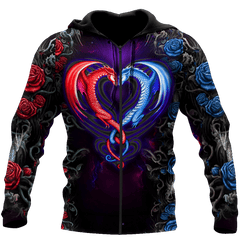 Dragon Couples Red And Blue 3D Over Printed Hoodie