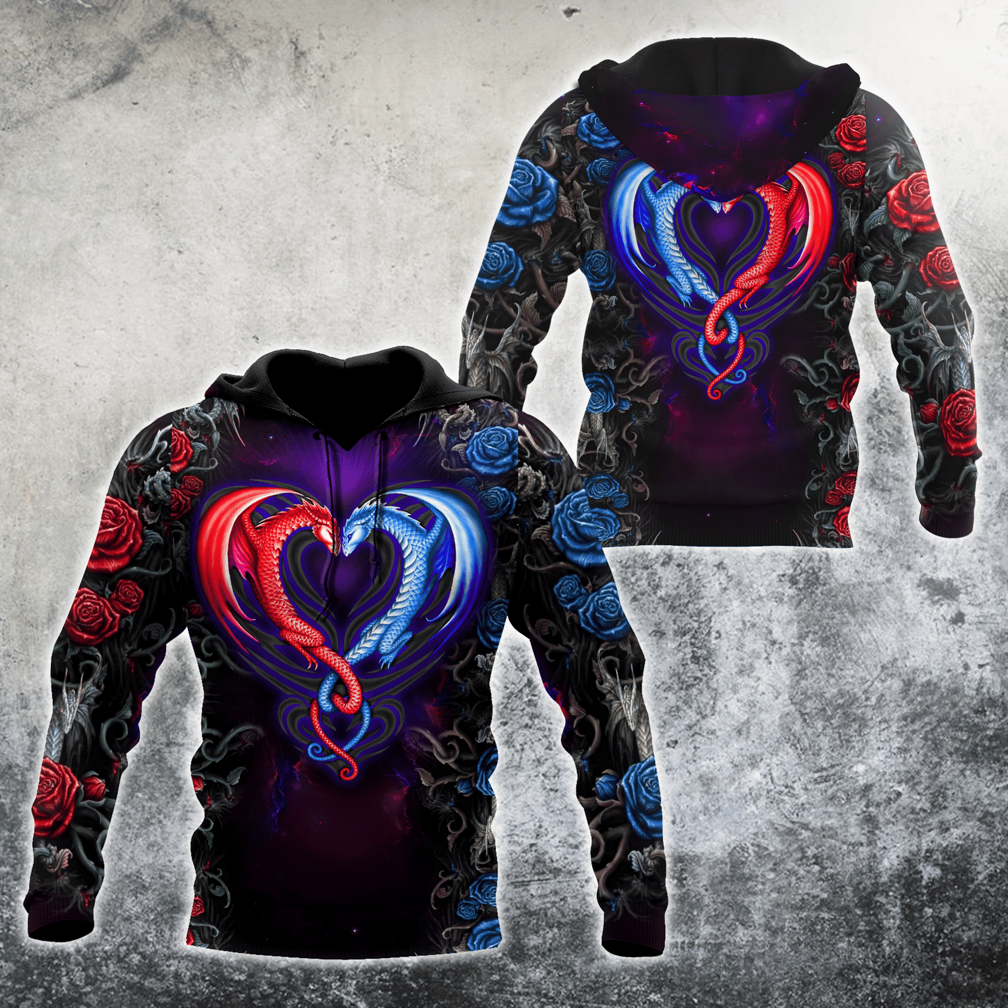 Dragon couples red and blue 3D over printed hoodie - Amaze Style��??��?-Apparel