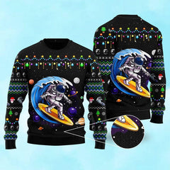 Astronauts Surf On A Surfboard In Space Ugly Christmas Sweater For Men & Women Adult