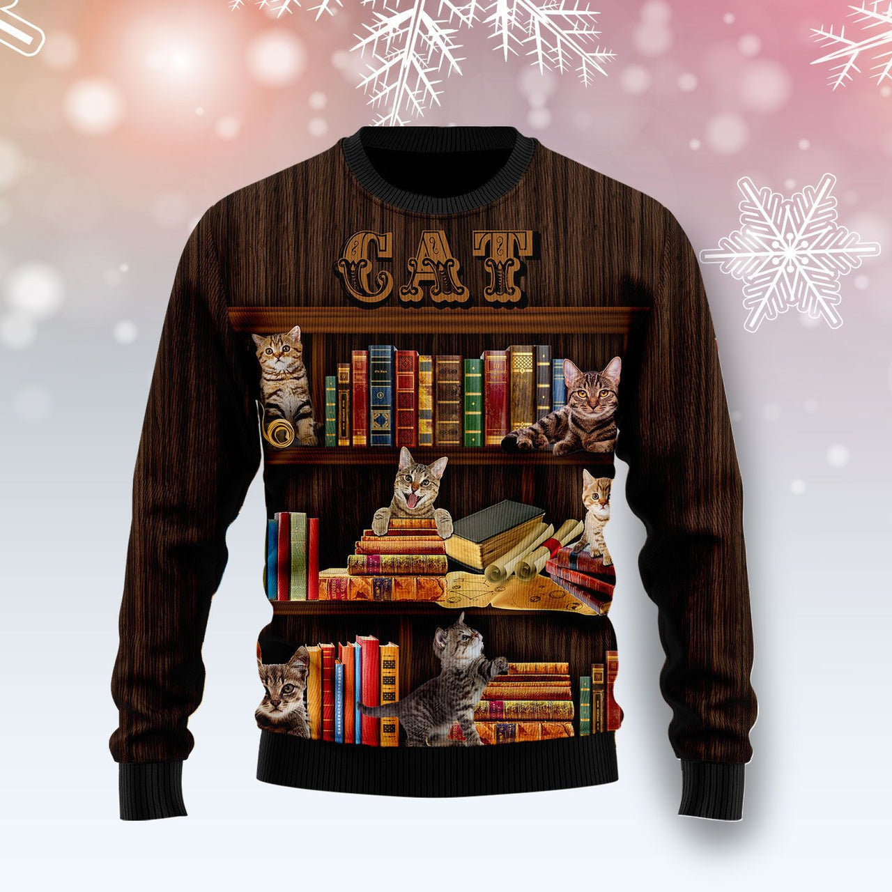 Cat Bookcase Ugly Christmas Sweater For Men & Women Adult