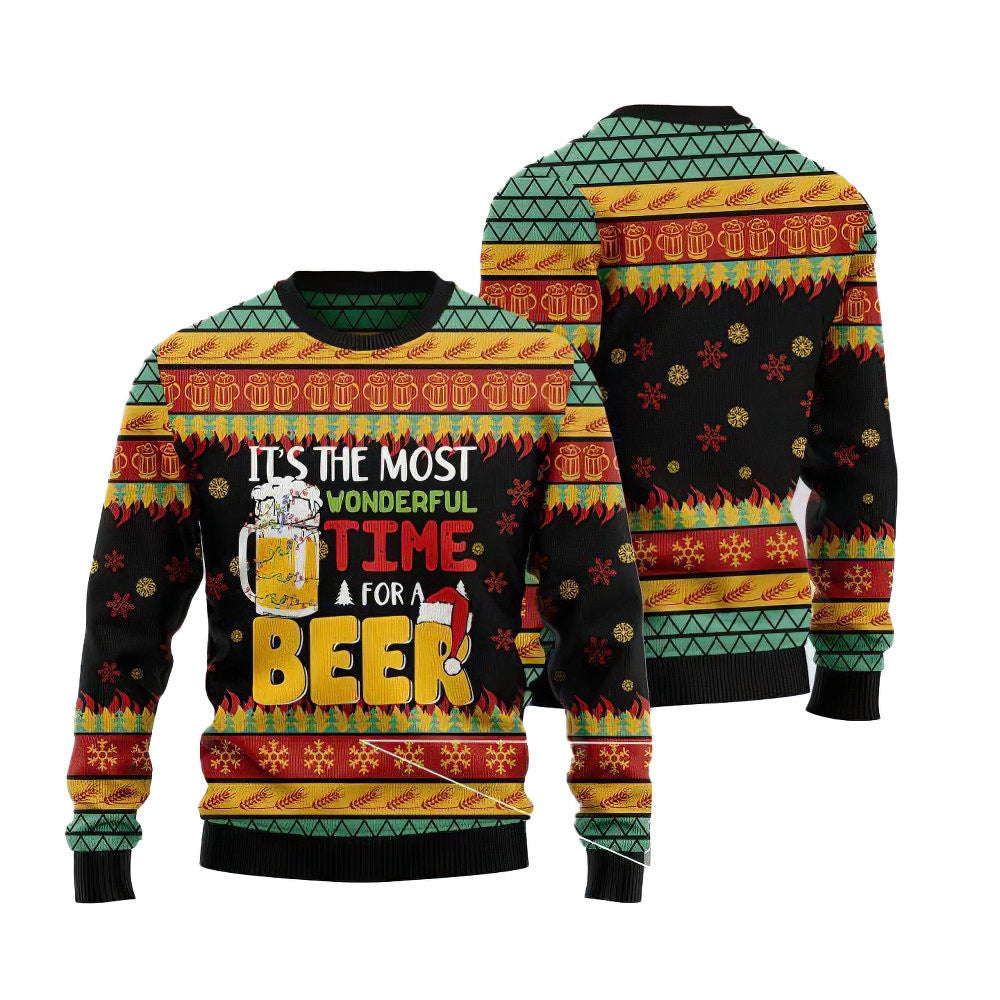 Beer Season Christmas Pattern Black And Orange 3D Sweater for men and women