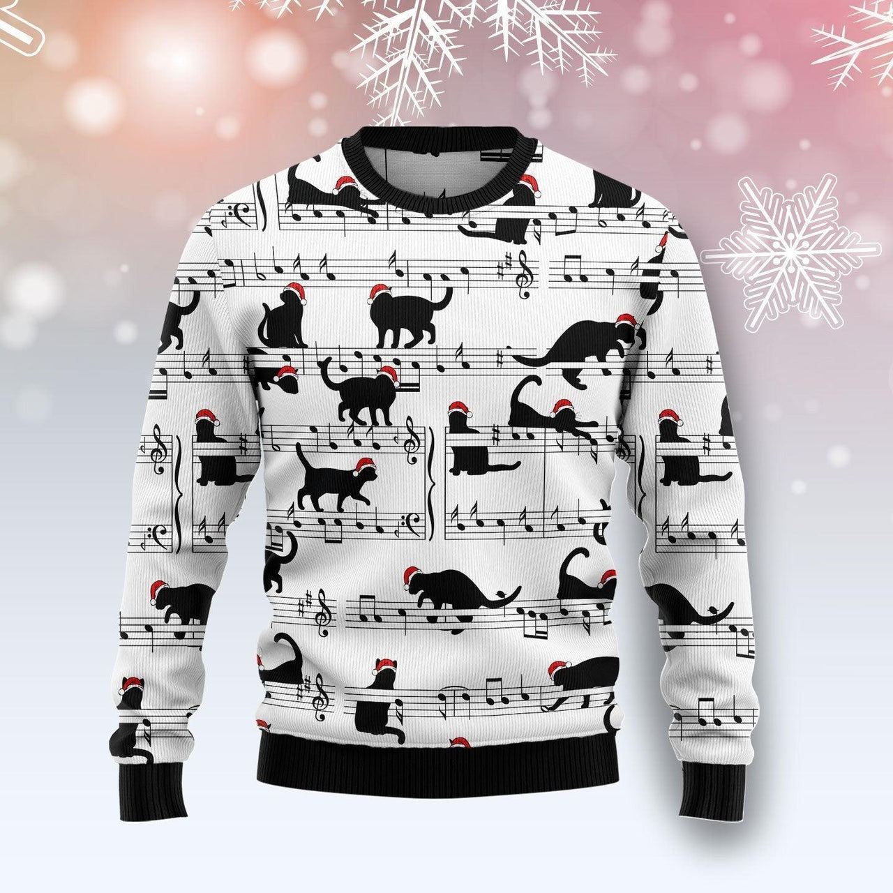 Black Cat Christmas Music Ugly Christmas Sweater For Men & Women, Christmas shirt, Gift for cat lover