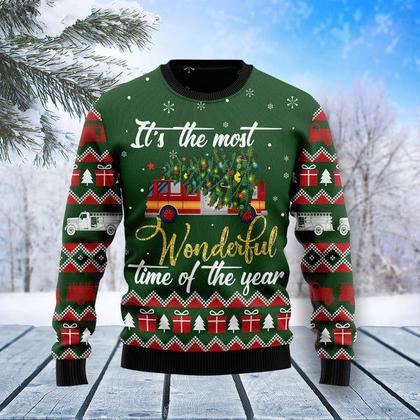 Firefighter Wonderful Time Ugly Christmas Sweater, Firefighter 3D Printed Graphic Long Sleeve Sweatshirts