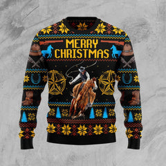 Cowboy Merry Christmas Ugly Christmas Sweater, Cowboy 3D Printed Graphic Long Sleeve Sweatshirts