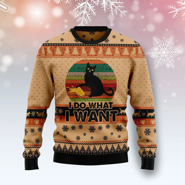 I Do What A Want Black Cat Funny Ugly Christmas Sweater For Women & Men, Gift for Cat Lovers