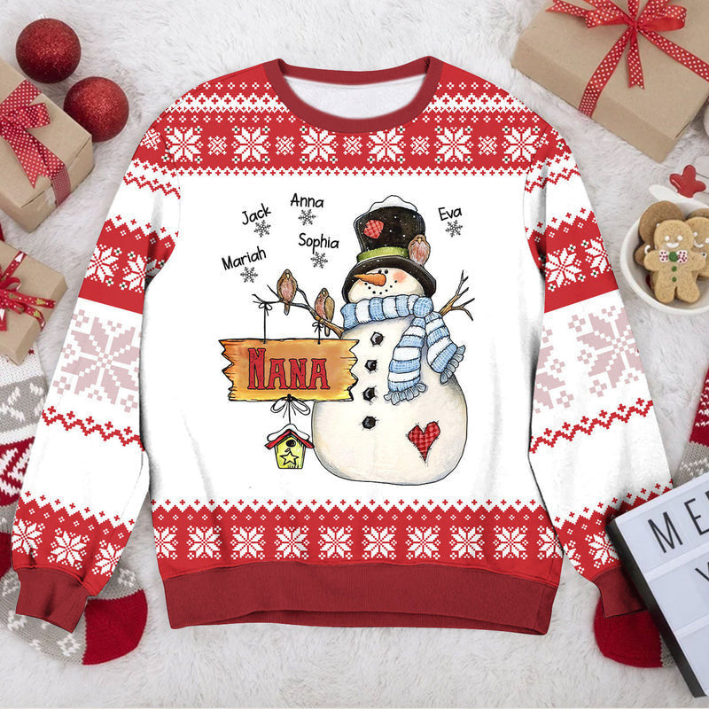 Personalized Nana Grandma Snowman Kid Snowflake Ugly Sweater