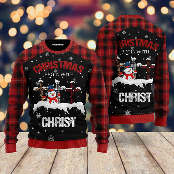 Christmas begins with christ snowman and cross Ugly Christmas Sweater For Men, women, Adult