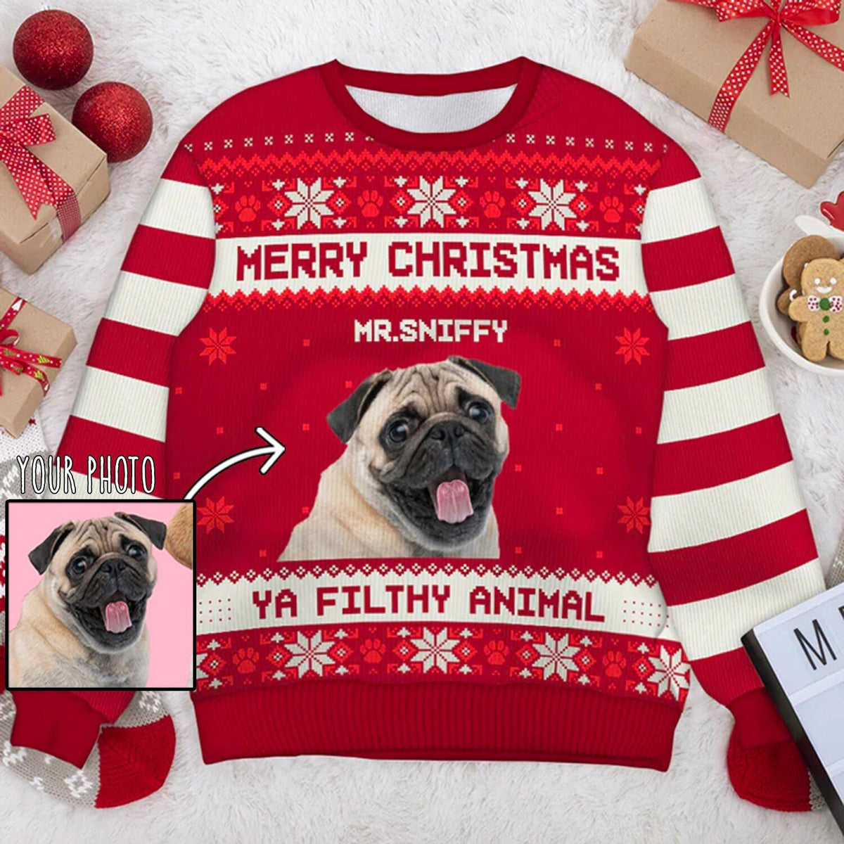 Custom Dog Cat Photo Merry Christmas Ya Filthy Animal 3D Ugly Christmas Sweater