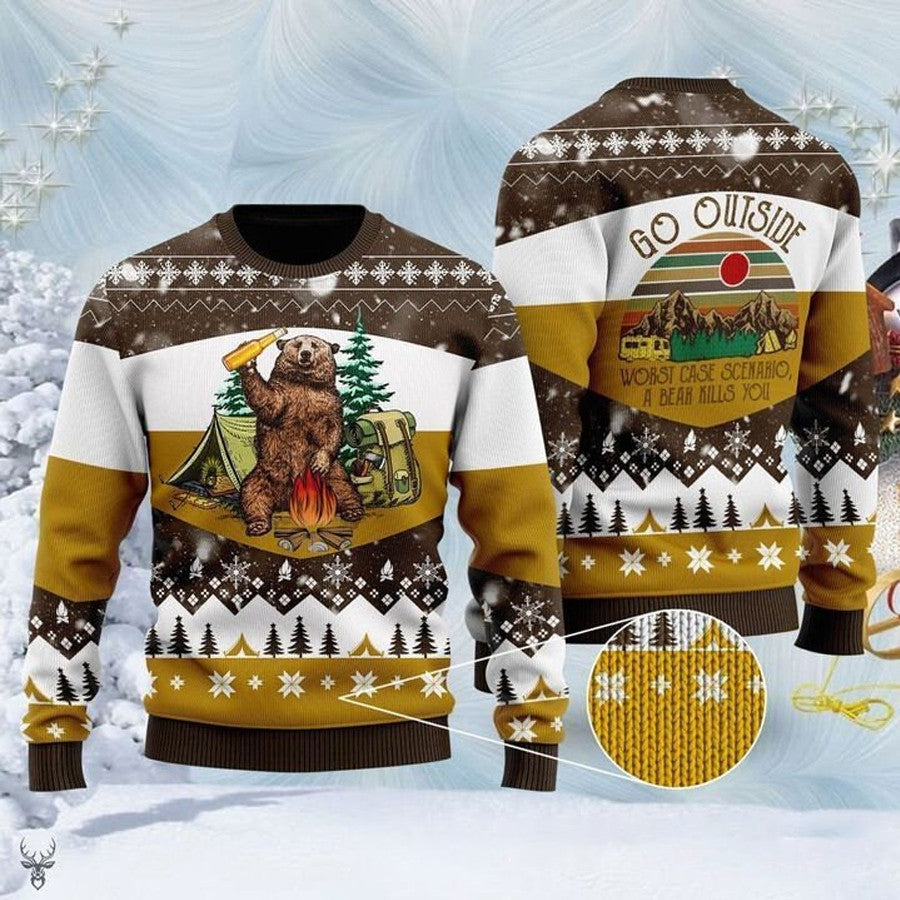 Bear Beer Campfire Yellow Wool 3D Sweater for men and women