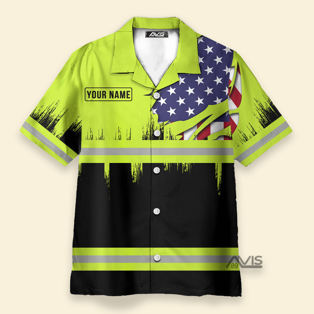 American Flag Heavy Equipment Workwear Light Green - Personalized Hawaiian Shirt