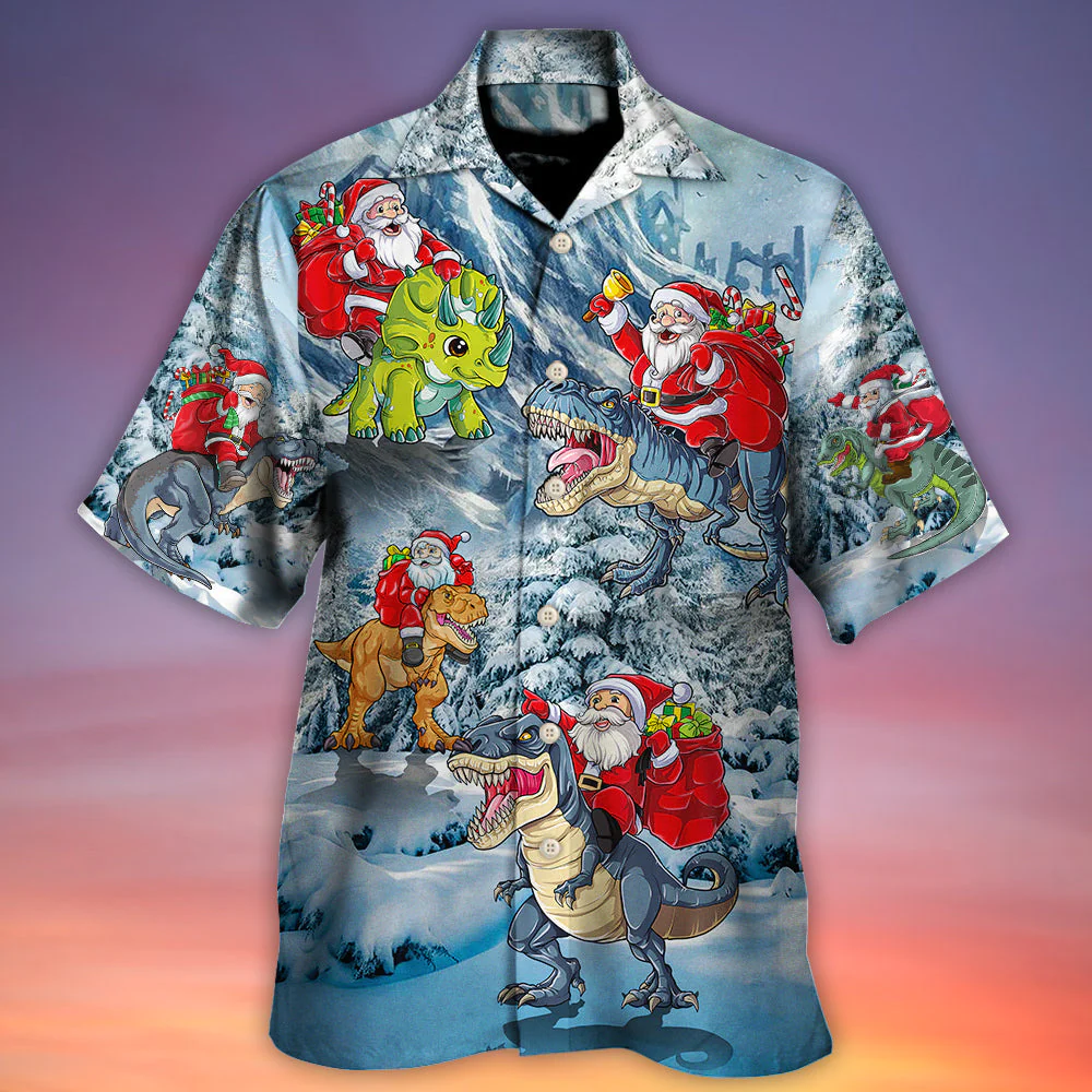 Christmas Santa Claus Riding Dinosaur Christmas Tree Gift Light Art Style Hawaiian Shirt