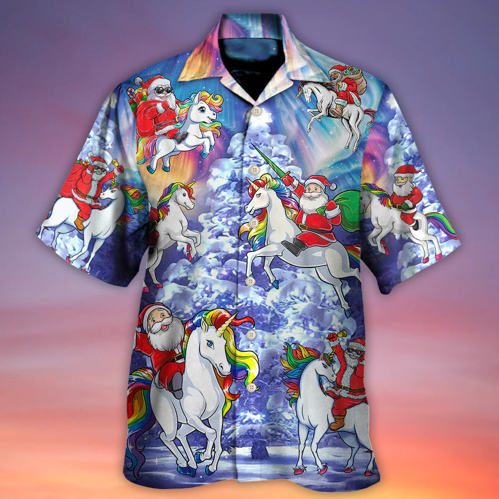 Christmas Santa Claus Riding Unicorn Snow Mountain Art Style Hawaiian Shirt