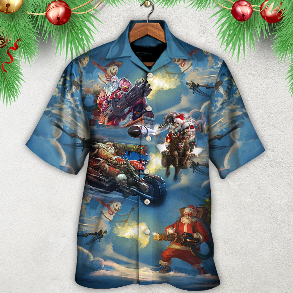 Christmas Santa Gun Fight In Xmas Hawaiian Shirt