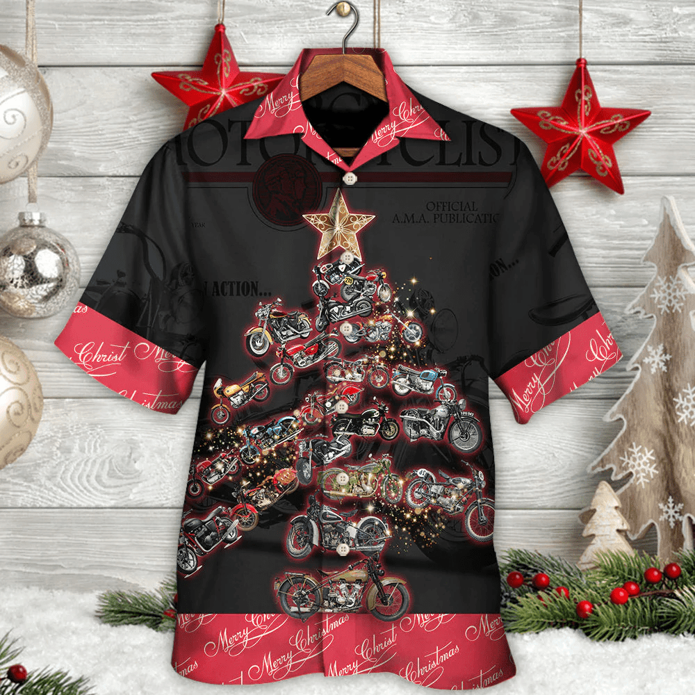 Christmas Motorcycle Tree Retro Style Hawaiian Shirt