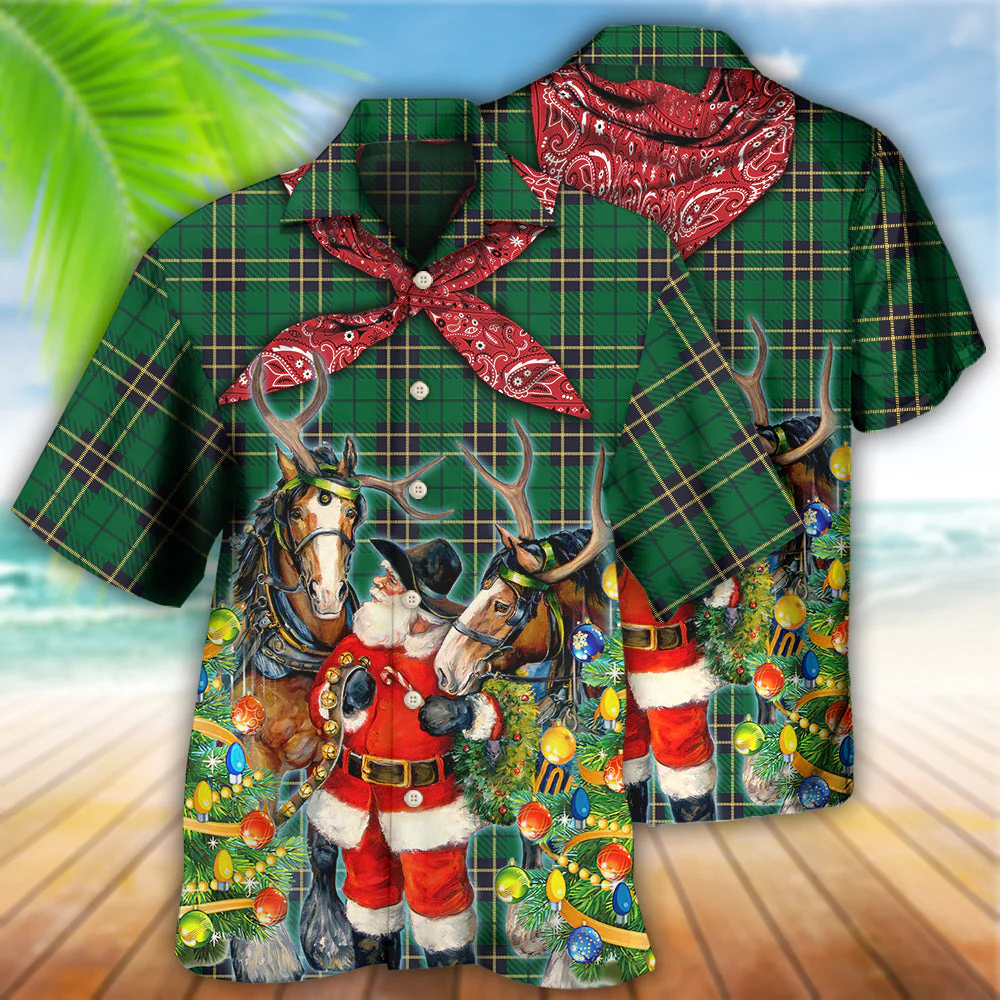 Cowboy Santa Christmas Green Hawaiian Shirt