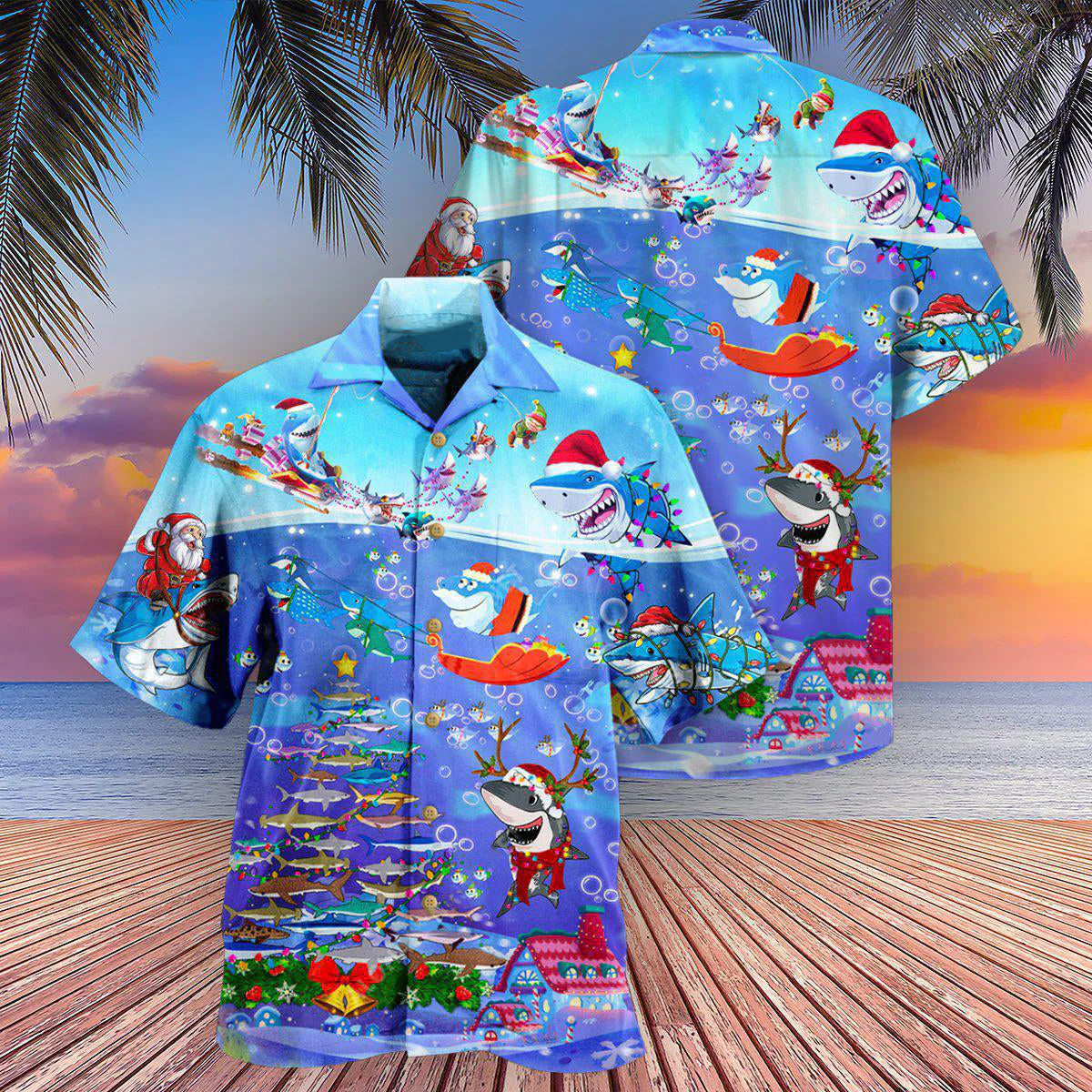 Shark Christmas Santa Shark Sits On Rockets And Brings Gifts To Ocean Hawaiian Shirt