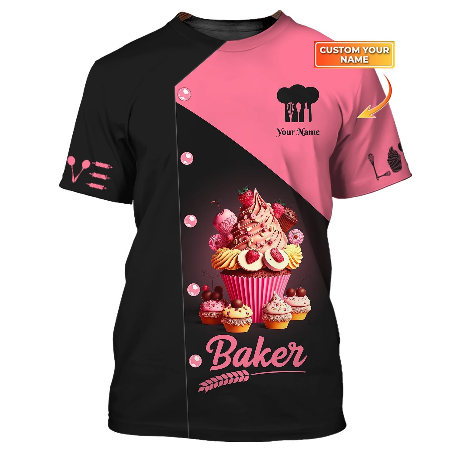 Woman Shirt, Custom Name Bakery Shirt, Baker Shirt, Pink Cake, Bakery Chef Apparel, Baking Lovers Gift