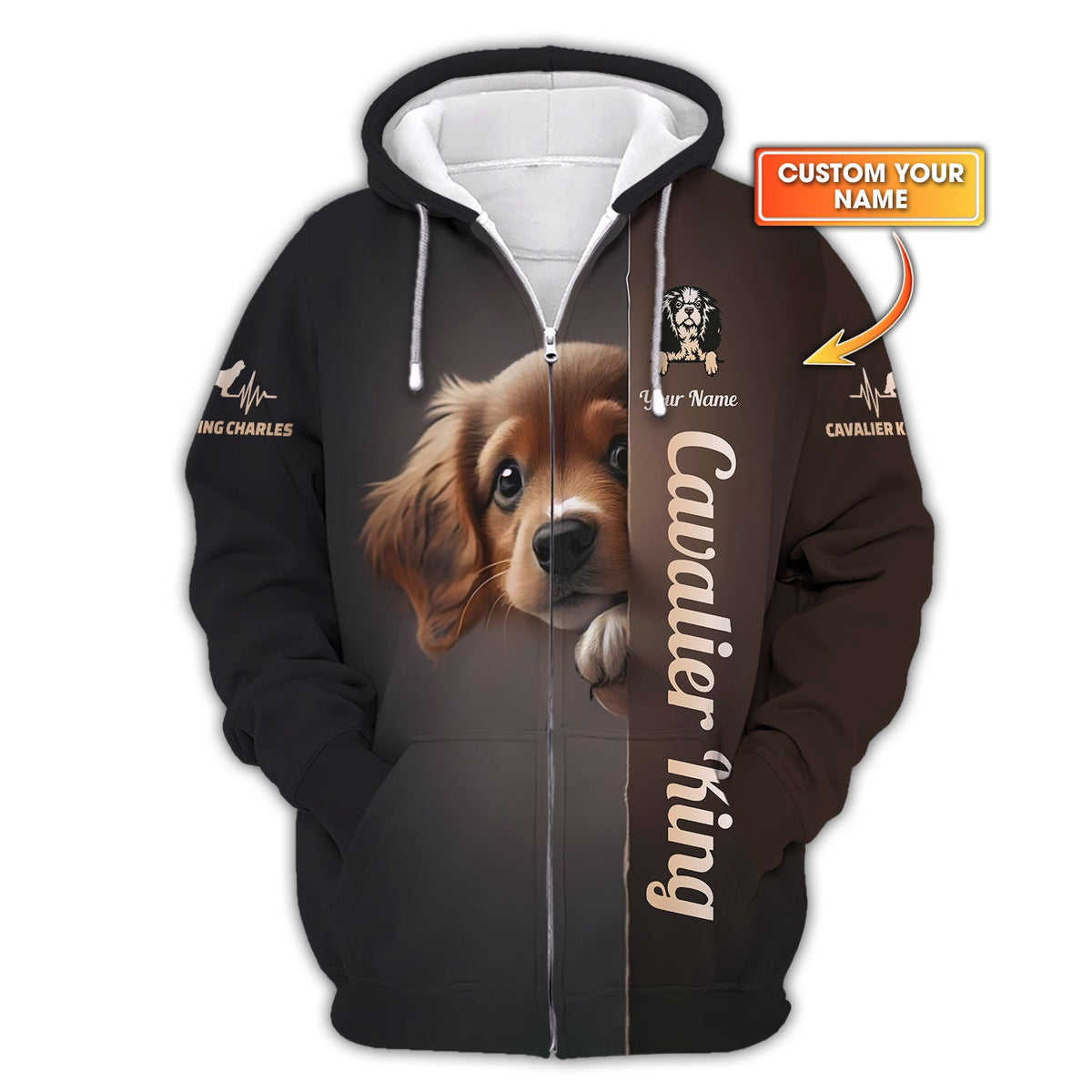 3D Full Print Cavalier King Charles Spaniel Dog Zipper Hoodie Personalized Name Gift For Dog Lovers