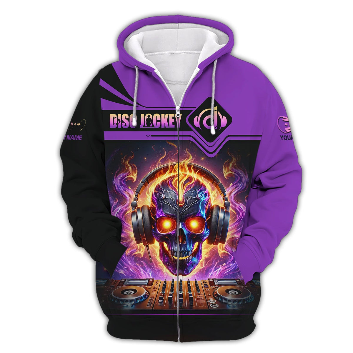 3D Full Print Skull Disc Jockey Zipper Hoodie Personalized Name Gift For Disc Jockey Lovers