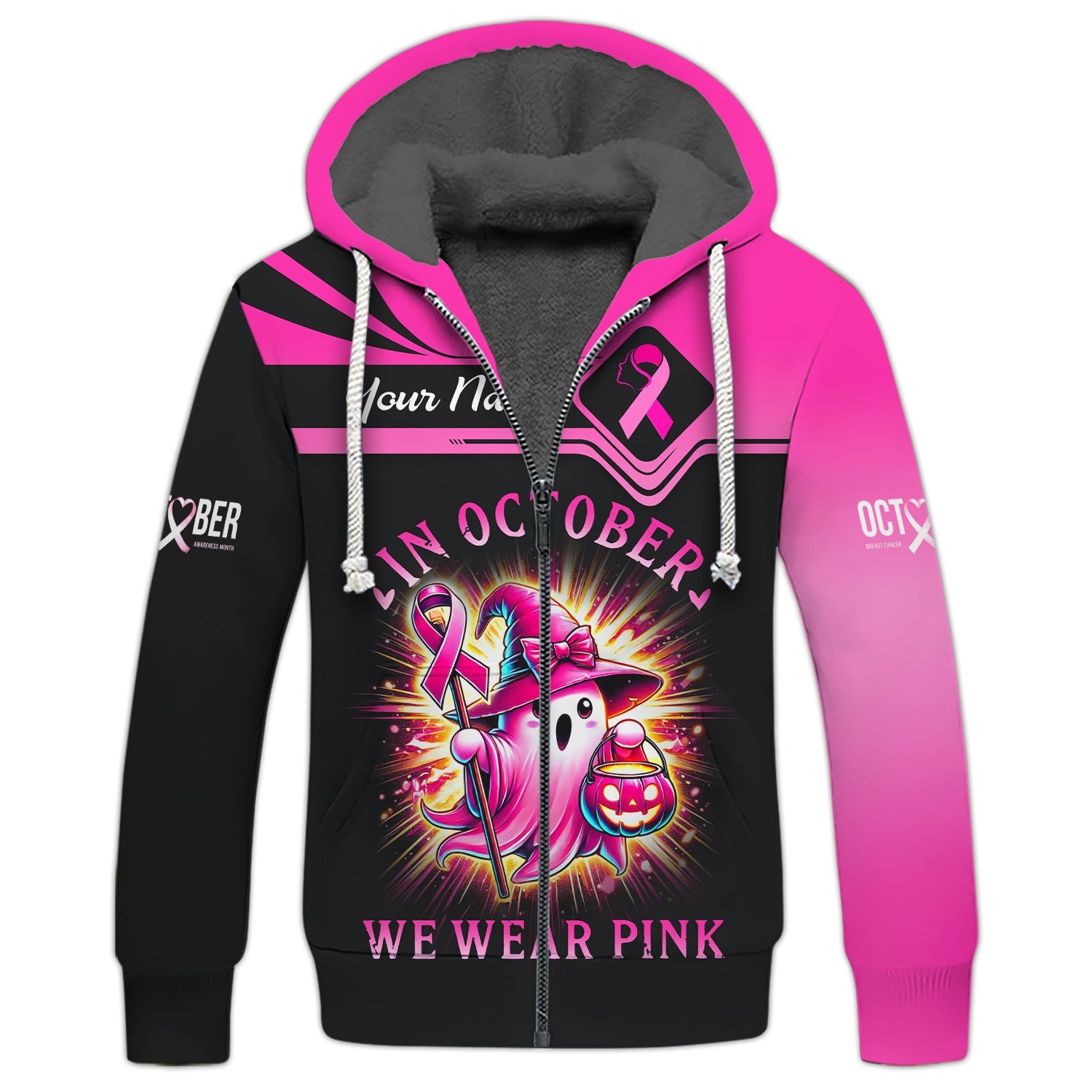 3D Full Print In October We Wear Pink Zipper Hoodie Personalized Name Gift For Cancer Survior