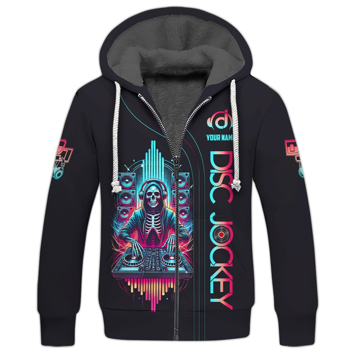 3D Full Print DJ Skeleton Zipper Hoodie Personalized Name Gift For Disc Jockey Lovers