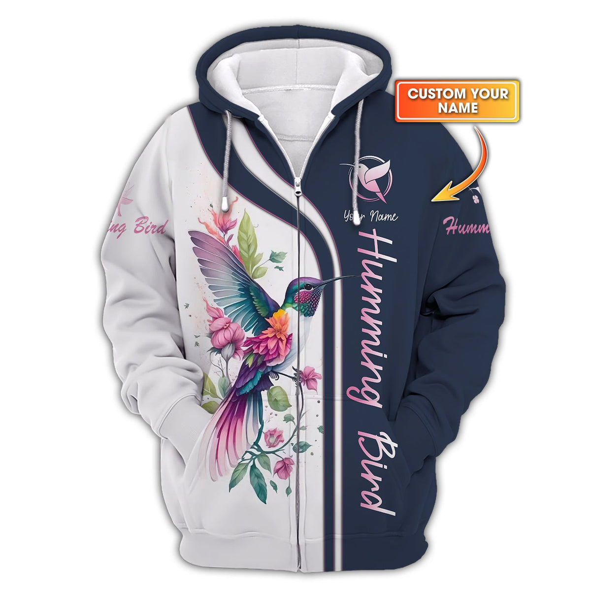 3D Full Print Hummingbird With Flowers Zipper Hoodie Personalized Name Gift For Hummingbird Lovers