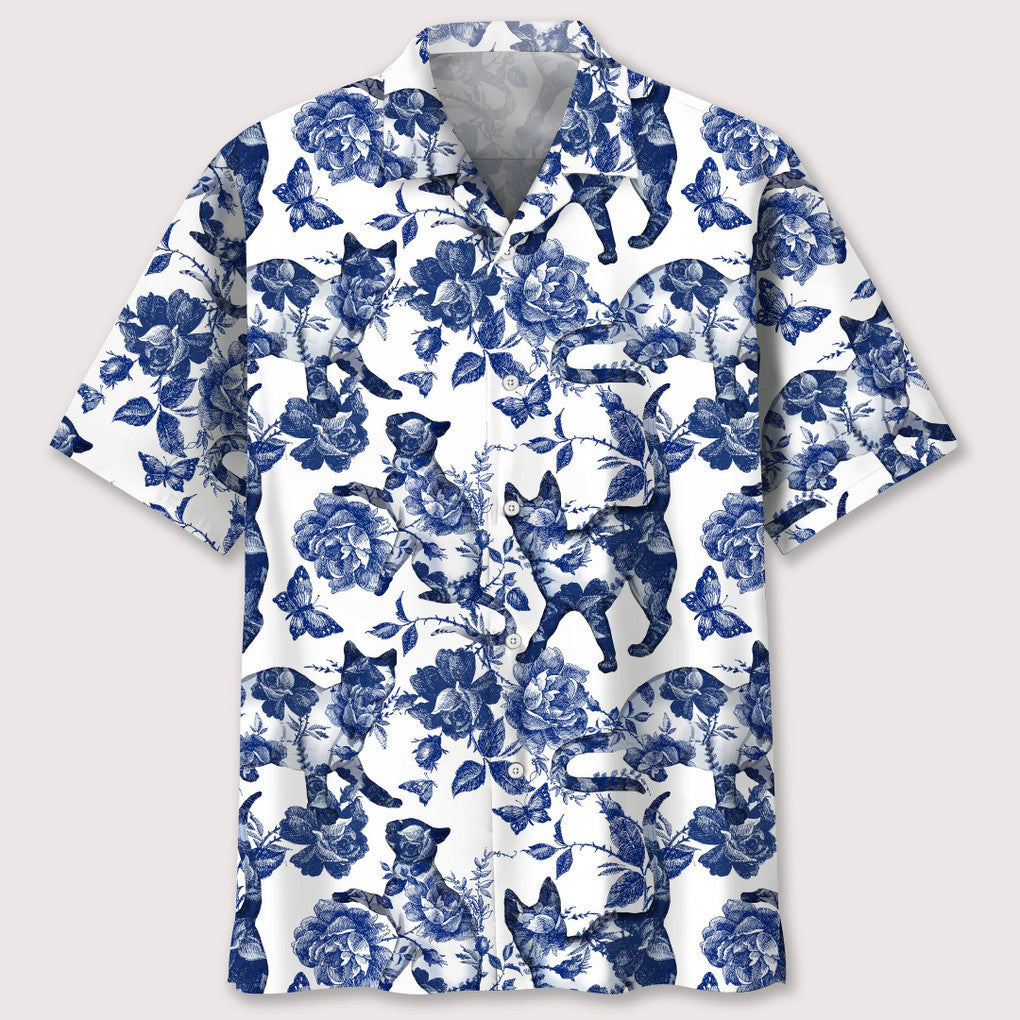 cats blue flower hawaiian shirt