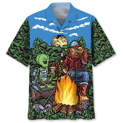 Alien Bigfoot Campfire Night Hawaiian Shirt