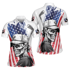 American Flag Skull Girl Golf Polo Shirt For Women