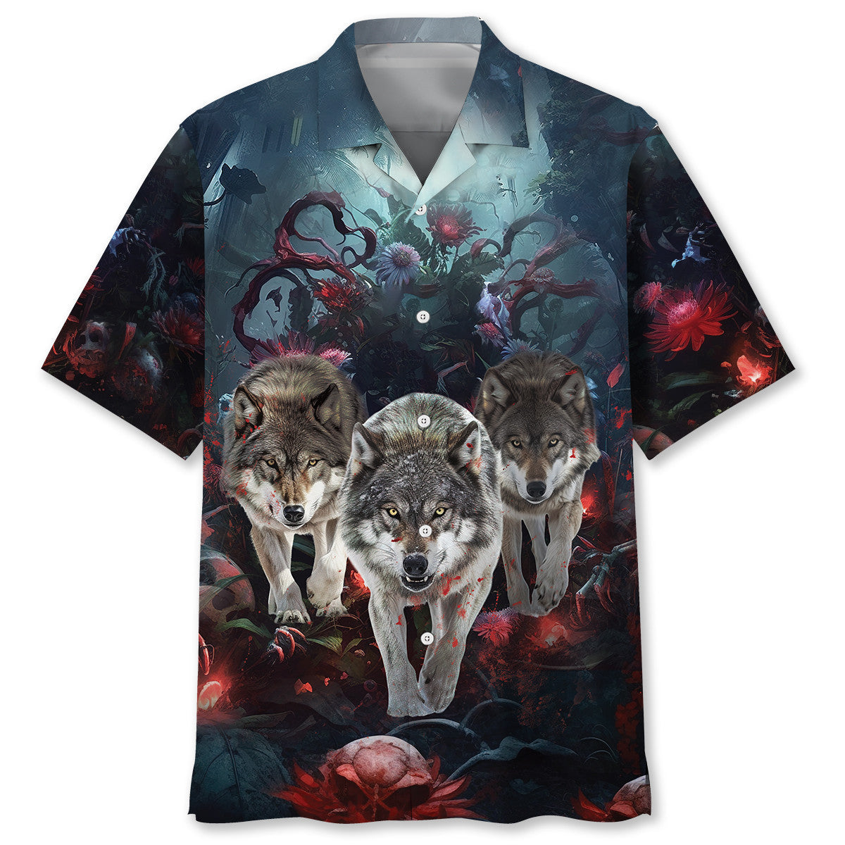 3 Wolves Hunting In Bloody Night Hawaiian Shirt