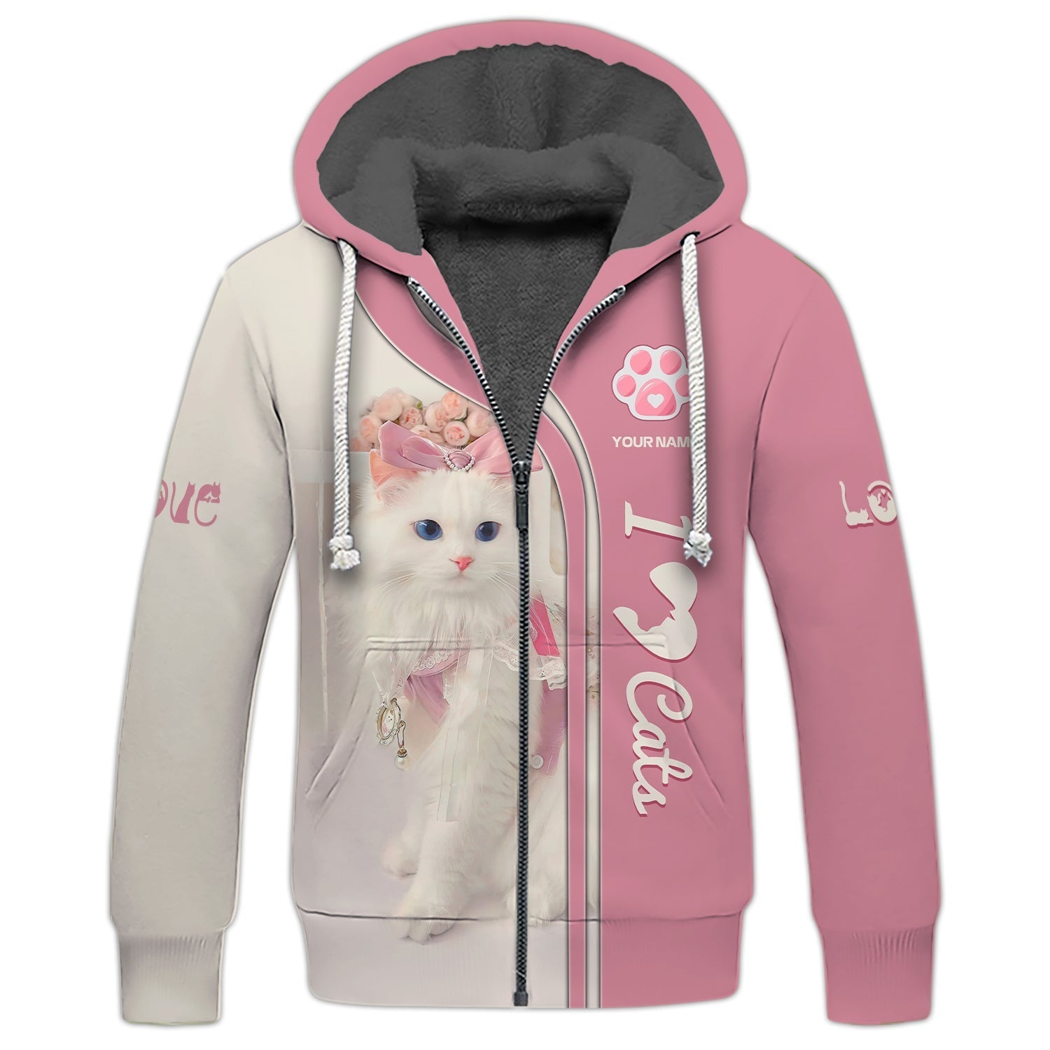 3D Full Print Cute Cat Zipper Hoodie Personalized Name Gift For Cats Lovers