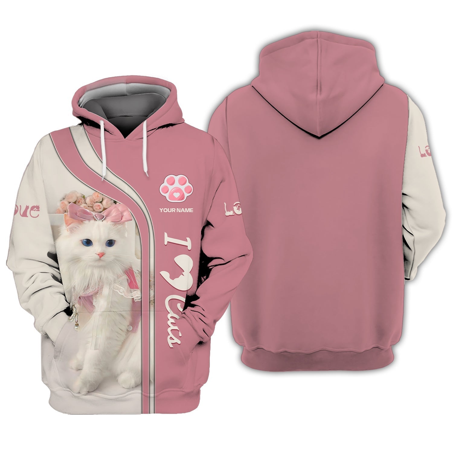 3D Full Print Cute Cat Zipper Hoodie Personalized Name Gift For Cats Lovers