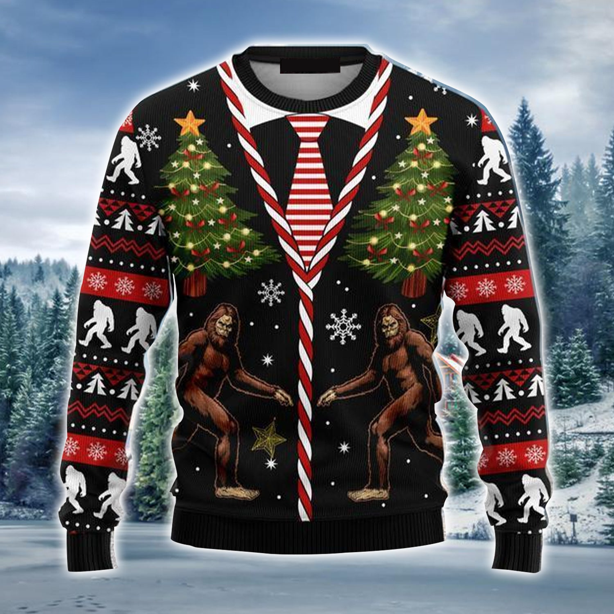 Bigfoot Ugly Christmas Sweater, Pine Tree Ugly Sweater For Men & Women