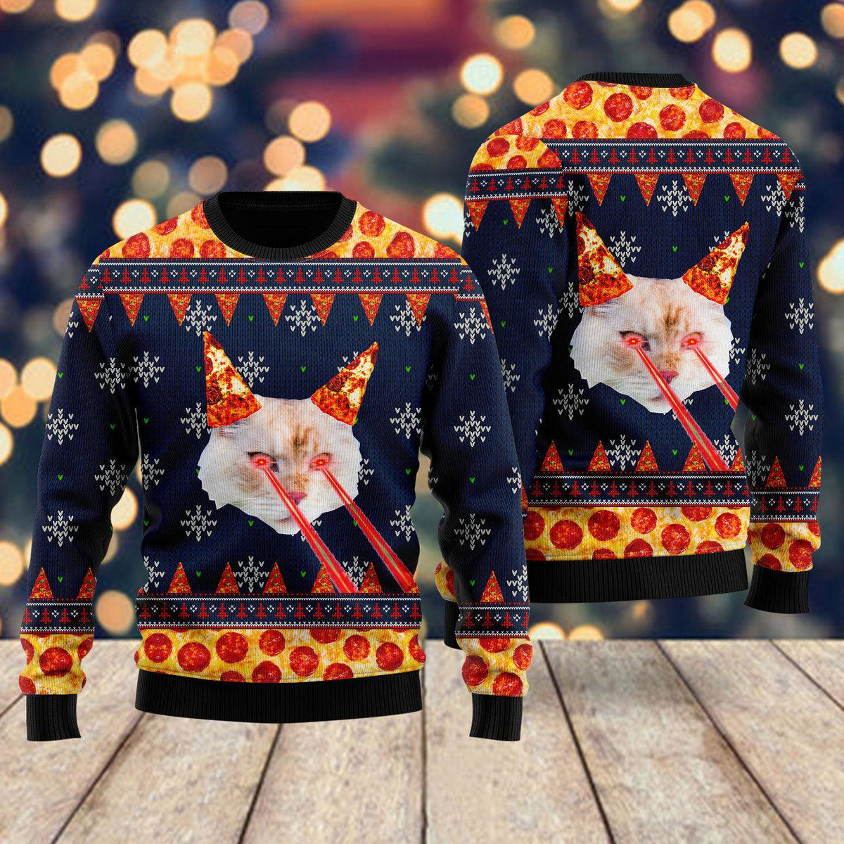 Pizza Cat With Laser Eyes Ugly Christmas Sweater For Men & Women