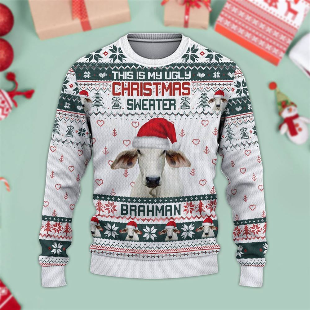 Brahman Green This Is My Ugly Christmas Sweater, Sweater Gifts For Pet Loves, Farmers Sweater