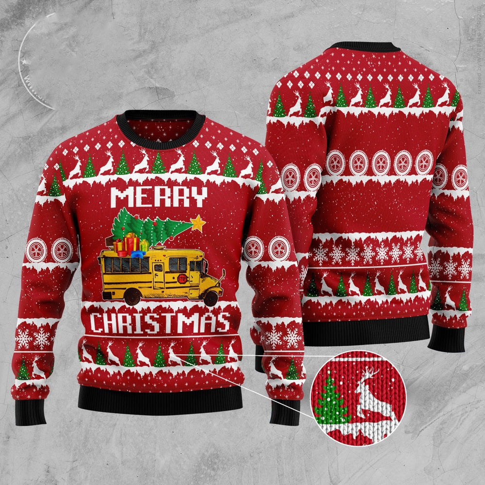 School Bus Merry Christmas Ugly Christmas Sweater, Funny Xmas Sweater, Sweater Xmas