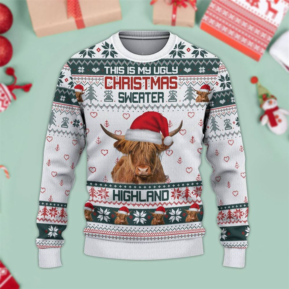 Highland Cattle Green Ugly Christmas Sweater, Sweater Gifts For Pet Loves, Farmers Sweater