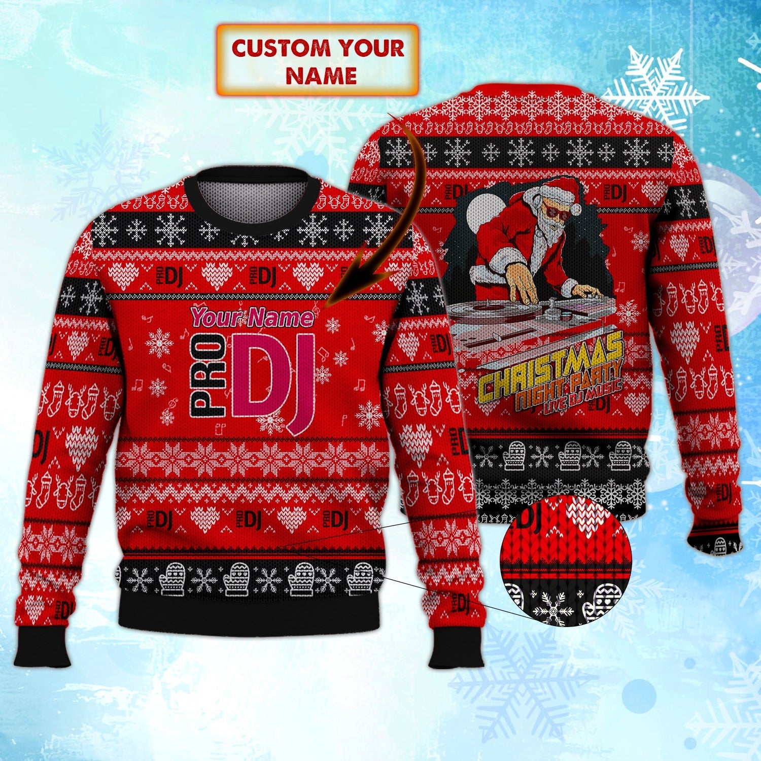 Personalized Name Santa DJ Pro Ugly Christmas Sweater, DJ Sweater for Men Women Christmas