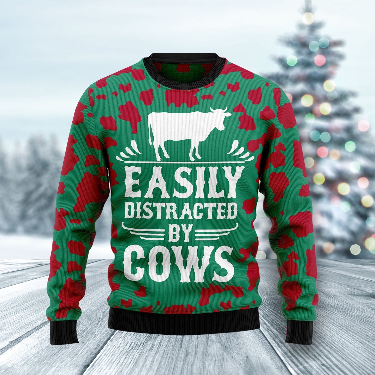 Easily Distracted By Cows Ugly Christmas Sweater