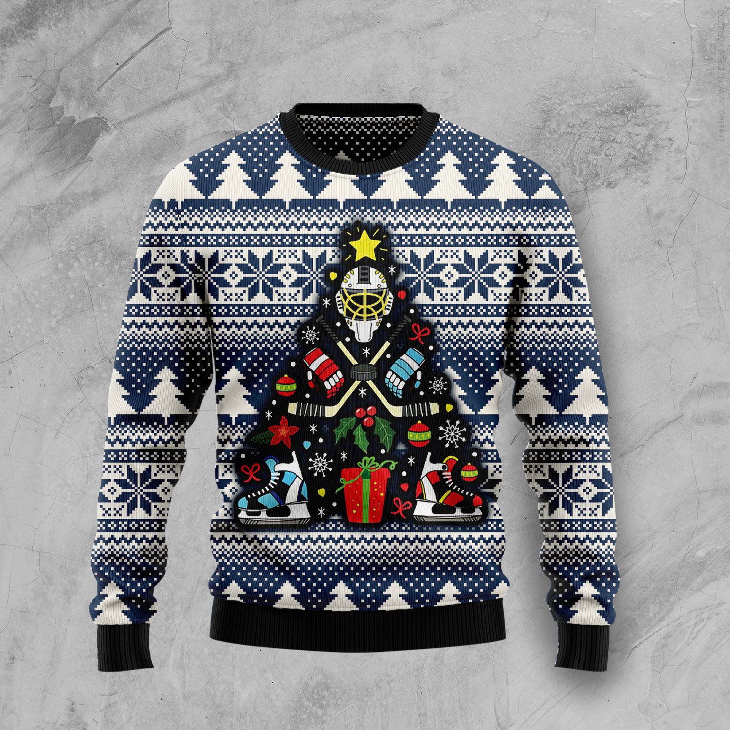 Hockey Christmas Tree Funny Blue Ugly Sweater