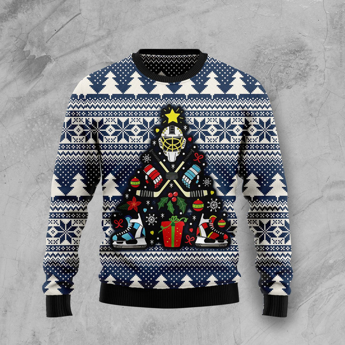 Hockey Christmas Tree Funny Blue Ugly Sweater