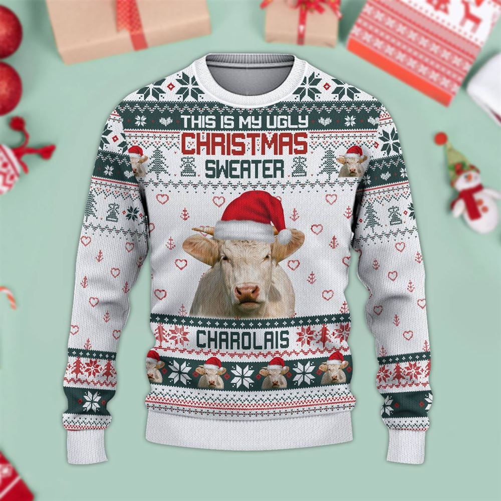 Charolais Green This Is My Ugly Christmas Sweater, Sweater Gifts For Pet Loves, Farmers Sweater