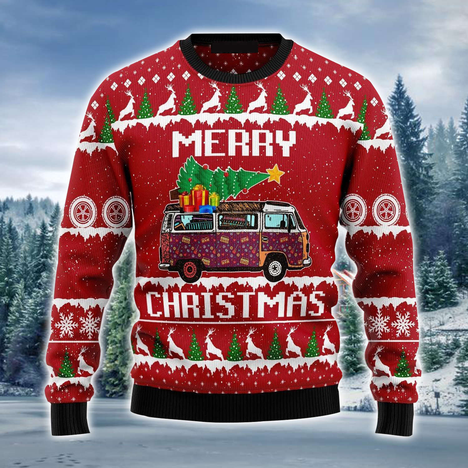 Hippie Car Ugly Sweater, Christmas Pattern Red Ugly Sweater For Men & Women, Perfect Gift For Camping Hippie Lover