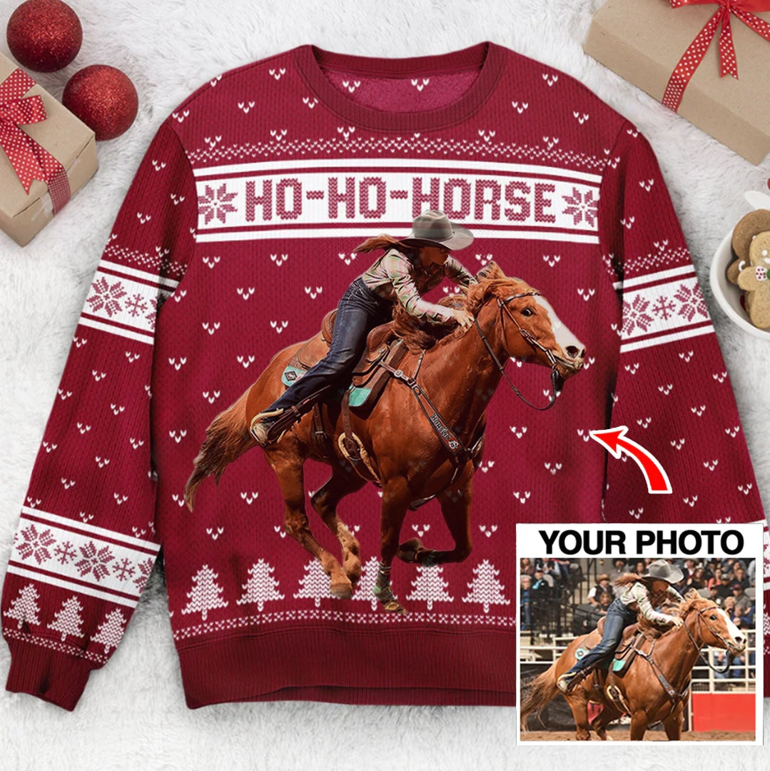 Custom Photo Horse Ugly Christmas Sweater – Ho Ho Horse, Idea Gift for Horse Lovers