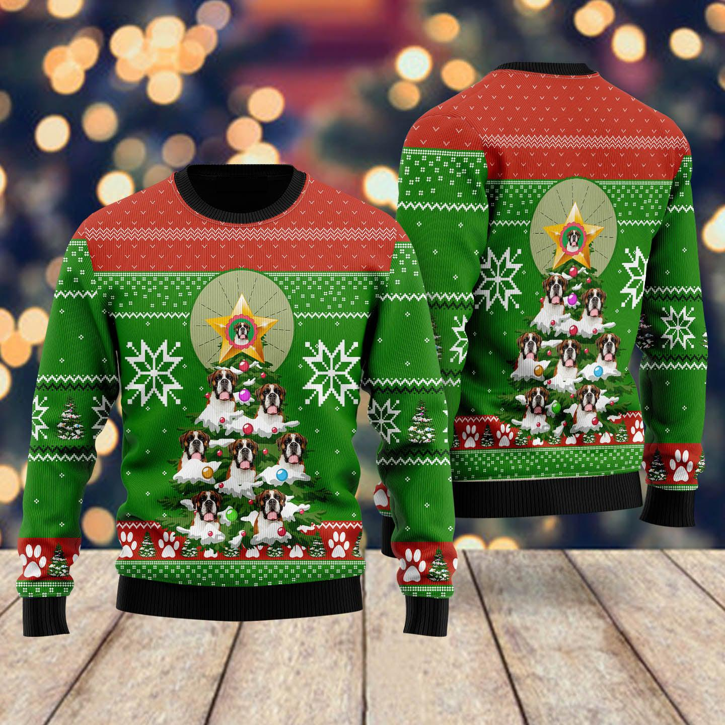 Boxer Pine Tree Ugly Christmas Sweater For Men & Women, Perfect Shirt for Dog Lovers